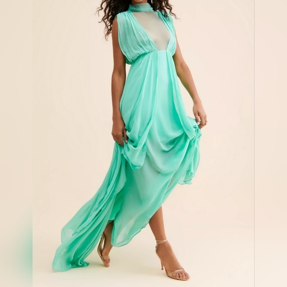 Forever That Girl Bare Shine Sheer Plunge Sleeveless Chiffon Maxi Dress in Mint